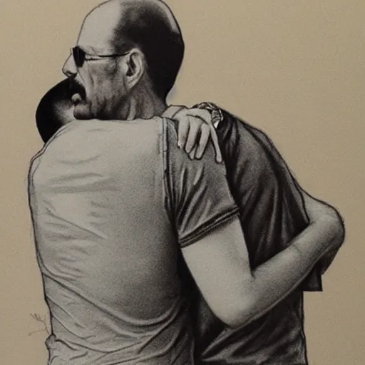 Image similar to freddie mercury hugging walter white, sketch, insanely detailed