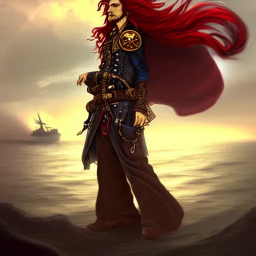 Prompt: male airship pirate with long flowing red hair, steampunk airship flying above the sea, D&D, handsome, side profile, fantasy, intricate, long hair, leather coat, gold earring, red hair, elegant, highly detailed, digital painting, artstation, atmospheric lighting, concept art, smooth, sharp focus, illustration, art by artgerm and greg rutkowski and alphonse mucha