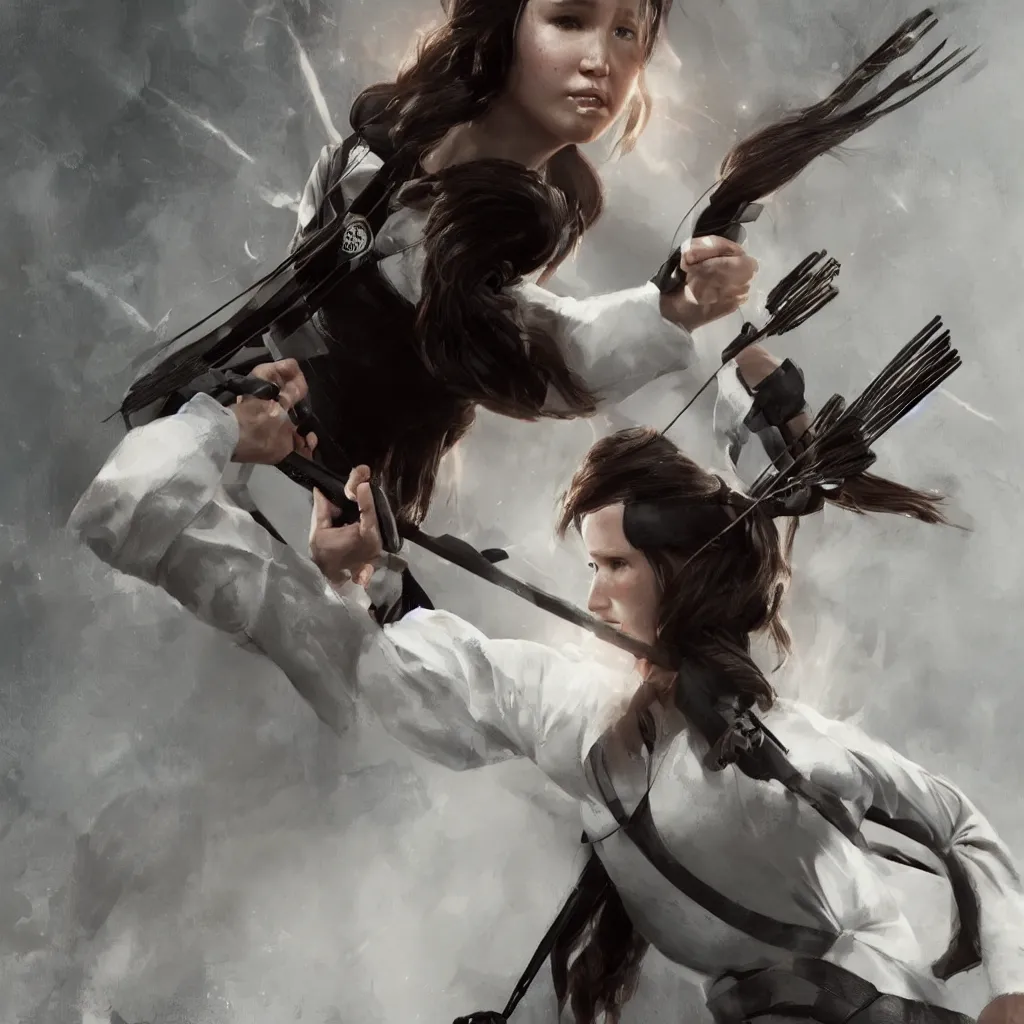 Prompt: katniss everdeen as a karate black belt, wearing a white gi, digital portrait by greg rutkowski, intricate, sharp focus, cinematic, epic, artstation