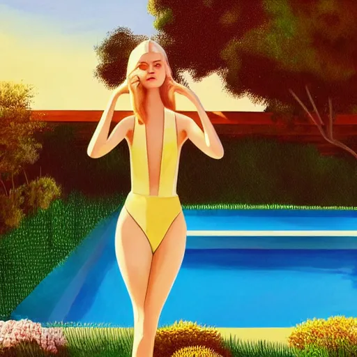 Image similar to Elle Fanning, next to a pool, golden hour, in a garden, artstation, in the style of Art Deco