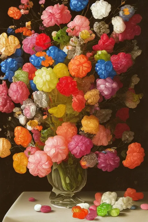 Image similar to super close up of still life of a bouquet of soft gummy bears and jelly beans in the shape of different flowers, delicious rubbery translucent squishy sweets, soft light, highly detailed, close up, northern renaissance