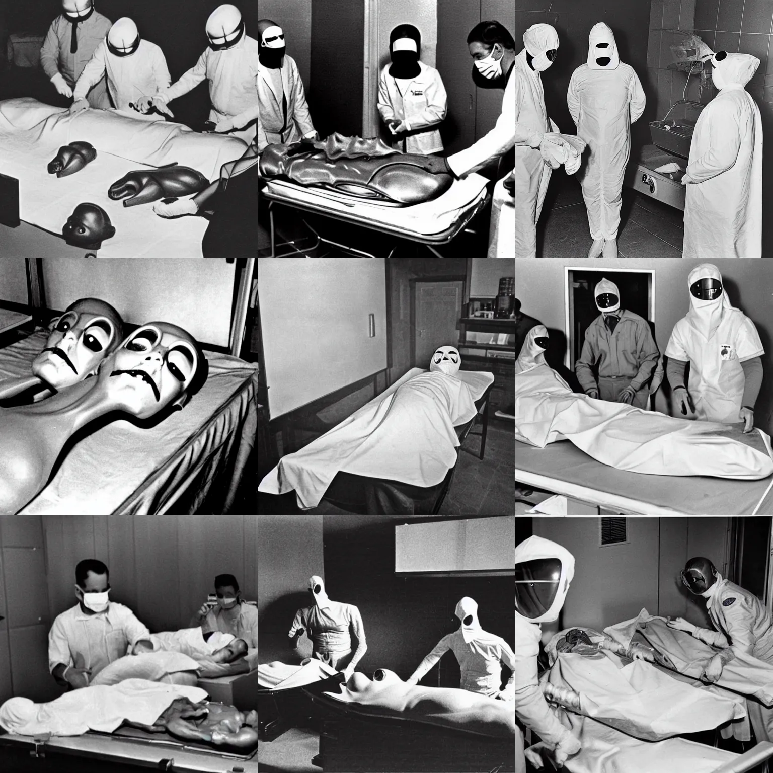 Prompt: 1960s photographic evidence of alien autopsy, doctors wearing masks and examining half-alien half-human body partially covered by sheets