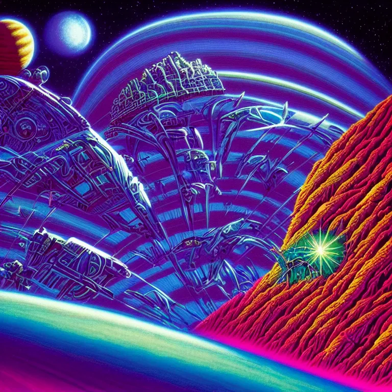 Prompt: mysterious edge of interstellar space, synthwave, bright neon colors, highly detailed, cinematic, tim white, philippe druillet, roger dean, ernst haeckel, lisa frank, vladimir kush, michael whelan, kubrick, kimura, isono