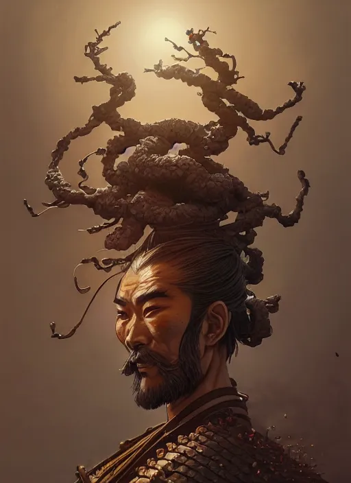 Image similar to samurai with a bonsai growing out of his head, intricate, rim light, octane render, by jesper ejsing, james jean, justin gerard, tomasz alen kopera, cgsociety and fenghua zhong, highly detailed, art, cinematic lighting, very coherent, hyper realism, high detail, 8 k