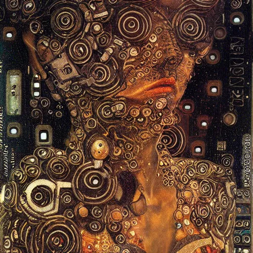 Image similar to cybernetic demon sleeping in circuitry, intricate detail, klimt, royo, whealan,