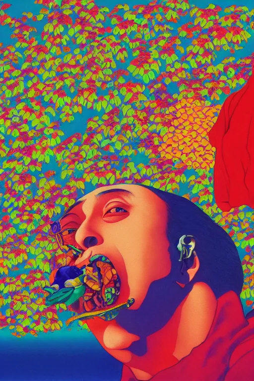 Prompt: a colorful vibrant closeup portrait of Guns N Roses licking a tab of LSD acid on his tongue and dreaming psychedelic hallucinations, by kawase hasui, moebius, Edward Hopper and James Gilleard, Zdzislaw Beksinski, Steven Outram colorful flat surreal design, hd, 8k, artstation