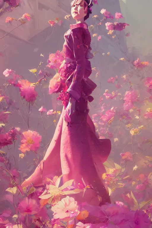 Image similar to elegant, beautiful woman in colourful clothing, ultrafine illustrated, ultradetailed flowery environment, by conrat roset, makoto shinkai, craig mullins, alphonse murac, detailed artwork, extremely detailed and high quality, global illumination, octane render, digital art trending on artstation