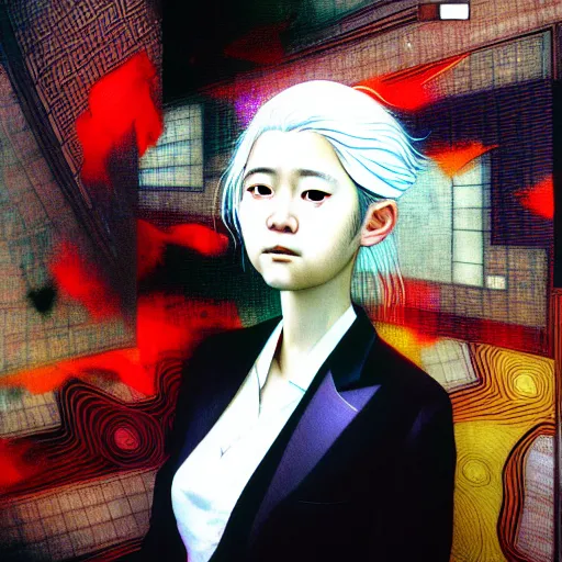 Image similar to yoshitaka amano blurred and dreamy three quarter angle portrait of a young woman with white hair and black eyes wearing dress suit with tie, playstation 2 horror game, junji ito abstract patterns in the background, satoshi kon anime, chungking express color palette, noisy film grain effect, highly detailed, renaissance oil painting, weird portrait angle, blurred lost edges