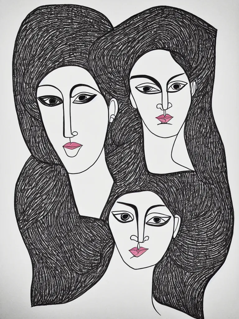 Prompt: beautiful intricate female portrait, one line drawing, bold sketch inspired by bauhaus and henri matisse.