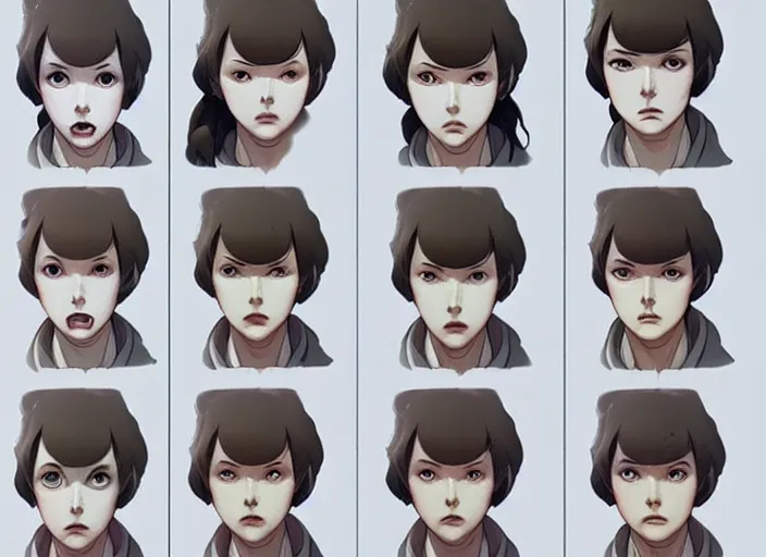 Image similar to 1 8 5 5 nurse, character face study, multiple angles, directions and moods. faces only, concept art finely detailed perfect art, painted by greg rutkowski makoto shinkai takashi takeuchi studio ghibli, pinterest, cevagraf comics