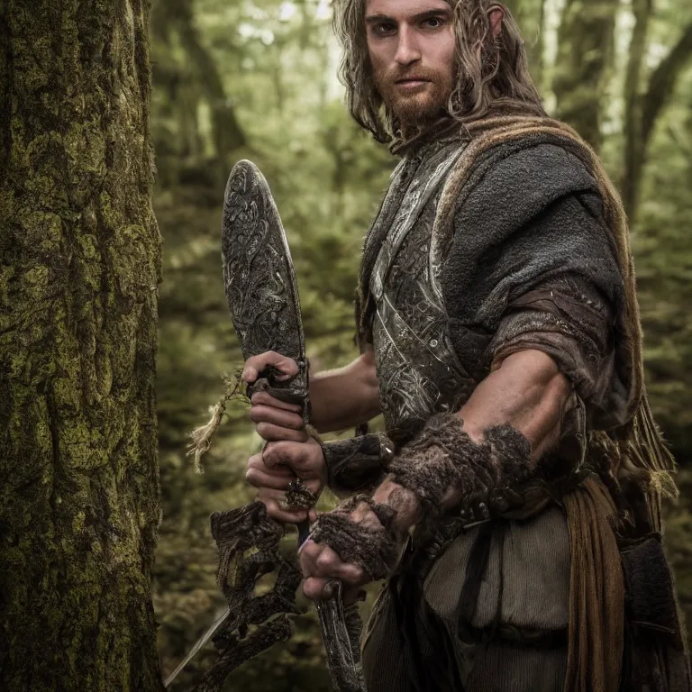 Prompt: 5 5 mm portrait photo of a well - built male warrior, in a magical forest in lord of the rings style, highly detailed 8 k. lifelike. soft light. nikon d 8 5 0. cinematic post - processing