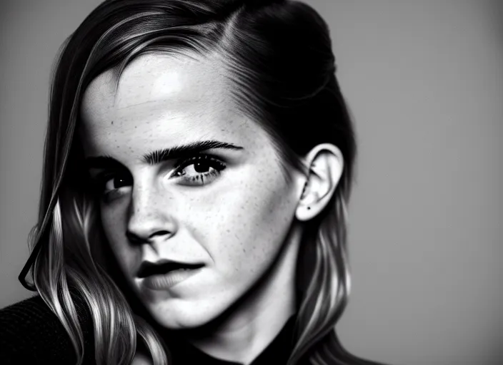 Image similar to mid shot portrait of emma watson in factory, in the style of david bailey, high fashion, id magazine, vogue magazine, surprising, freak show, realistic, sharp focus, 8 k high definition, film photography, photo realistic, insanely detailed, intricate, by david kostic and stanley lau and artgerm