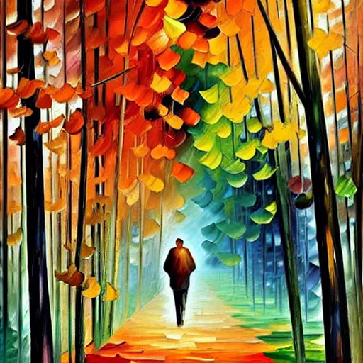 Image similar to a person walking through a forest, art by leonid afremov and giacomo balla and ivan bilibin,