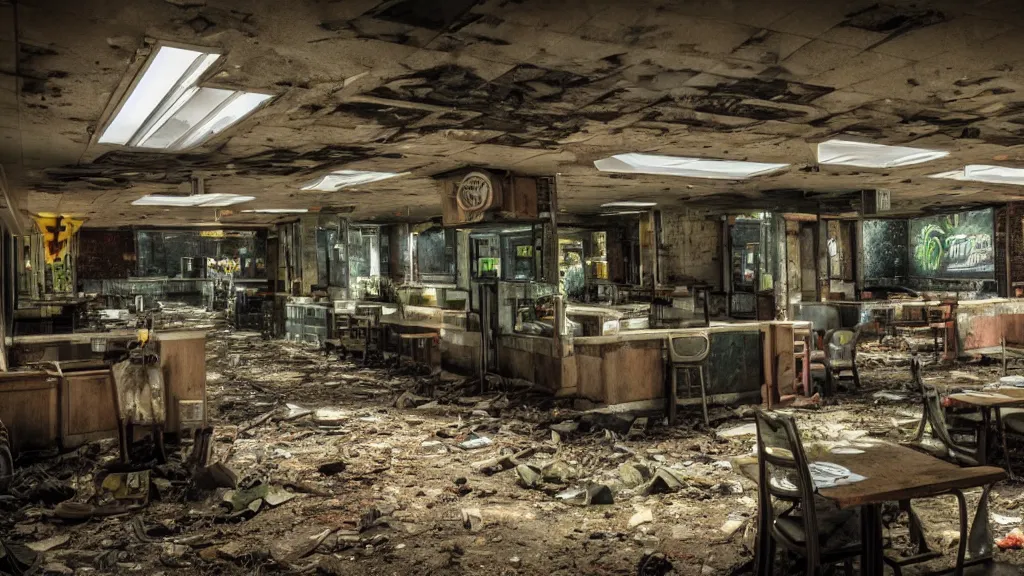 Image similar to forestpunk unfettered afterlife abandoned fastfood restaurant, postapocalypse, cinematic