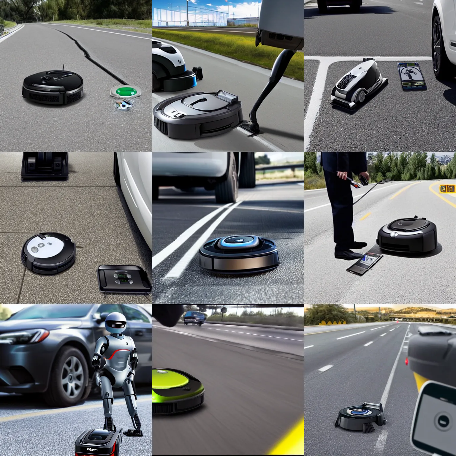 Prompt: robocop pulling over a roomba for speeding on the freeway