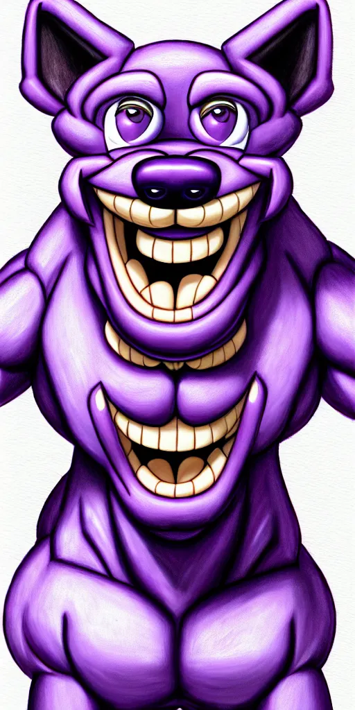 Image similar to painting of an anthropomorphic bulky muscular purple dog, furry style, wearing jeans, deviant art, fursona, professional furry drawing, insanely detailed, bulky dog face, detailed veiny muscles, exaggerated features, beautiful shading, huge white teeth, grinning, standing in a street, flexing and posing, full body, wearing ragged jeans