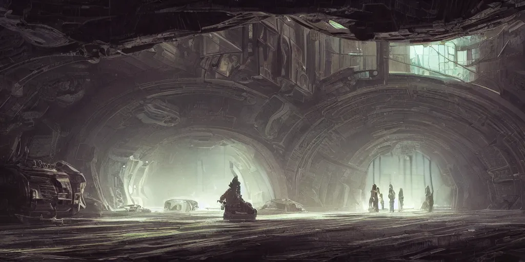 Image similar to an extremely detailed masterpiece epic color scene of the inside of a cavernous spaceship extraterrestrial pilots an opened hanger door and space in background, in the style of greg rutkowski and frank paul lehr and lebbeus woods, intricate, elegant, highly detailed, digital painting, artstation, cinematic lighting, extremely moody lighting, glowing light and shadow, 4 k