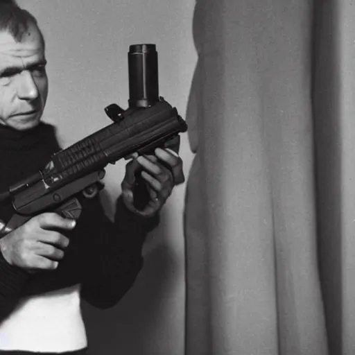 Prompt: A man in a black turtleneck sweater pointing a gun equipped with a silencer at the camera