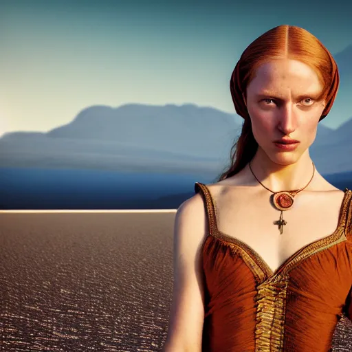 Prompt: photographic portrait of a stunningly beautiful middle ages renaissance female in strong sunshine on a salt flat, contemporary fashion shoot, by edward robert hughes, annie leibovitz and steve mccurry, david lazar, jimmy nelsson, breathtaking, 8 k resolution, extremely detailed, beautiful, establishing shot, artistic, hyperrealistic, beautiful face, octane render