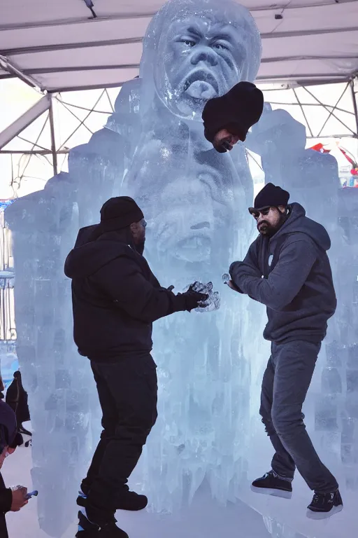 Image similar to dramatic photo, the rapper'ice cube'carving a full body ice sculpture of rapper'ice cube'at harbin ice festival, wide angle photo, award winning, artgerm, wlop, james gurney, trending on artstation