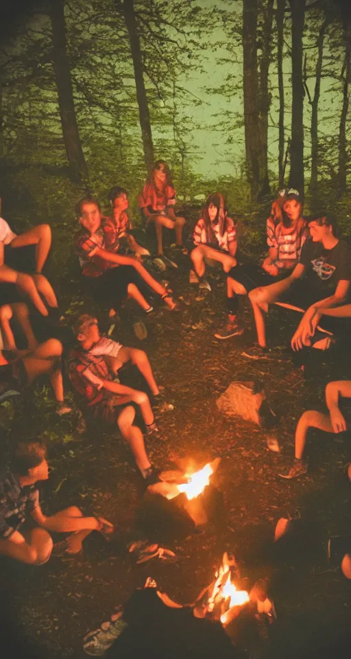 Image similar to polaroid photo of 9 0's highschool teenagers camping in the woods by a river holding red cups, sunset, campfire, realistic, grainy image, iso 1 6 0 0, blurred