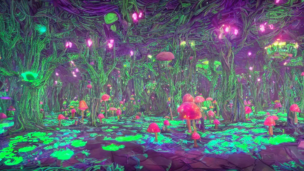 Image similar to 8k, acid trip, hall of mirrors, ultra detailed, a hyperrealistic image of a mycelium forest with neon glowing mushrooms, with magical creatures, in the style of earthbound ,trending on patreon, artstation, deviantart. Unreal engine