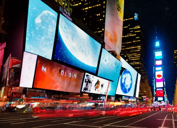 Image similar to film still of the moon shattering into pieces exploding moon over time square in the new disaster, 8 k, night time