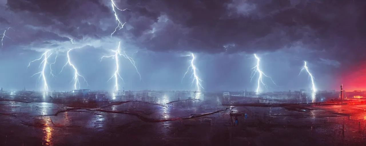 Image similar to cyberpunk landscape, vivid, volumetric lighting, lightning, thunder, storm, portal, puddles, mystical, lens flares, fog