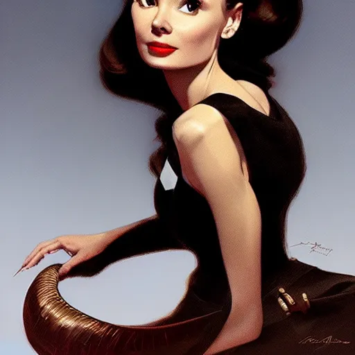 Image similar to Audrey Hepburn of NGE dark fantasy, medium shot, intricate, elegant, highly detailed, digital painting, volumetric light, artstation, concept art, smooth, sharp focus, illustration, art by Gil Elvgren and Greg Rutkowski and Alphonse Mucha, 8K