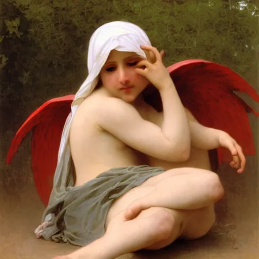 Image similar to Angel crying on top of a red ocean cube, oil painting by William-Adolphe Bouguereau