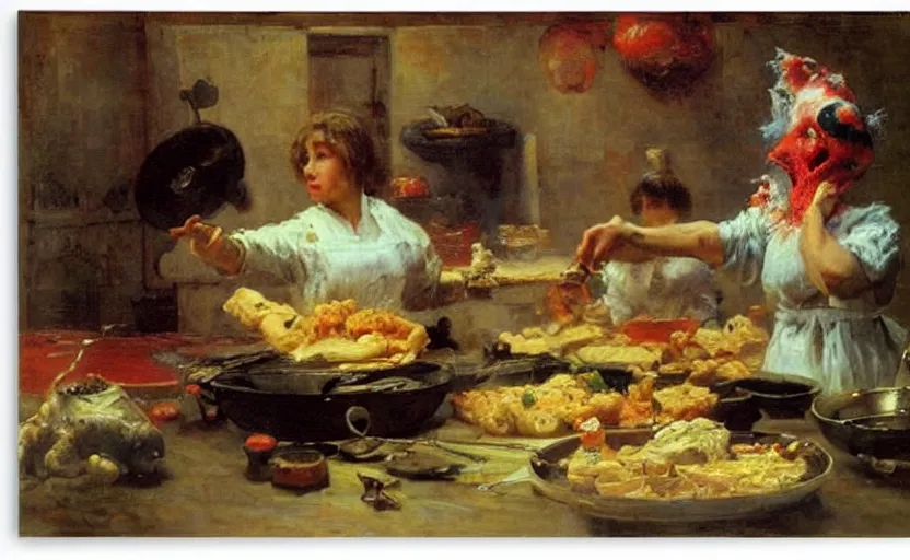 Prompt: high quality high detail painting by ilya repin, monster cooking in the kitchen, hd