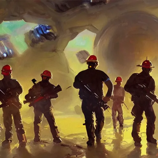 Prompt: intense vibrant film still of a group of miners and factory workers with improvised weapons and firearms, on the surface of an asteroid, outside of a high - tech industrial building, oil painting by john singer sargent, adrian smith, greg rutkowski, trending on artstation, incredible detail