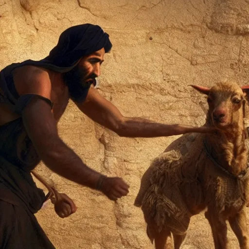 Image similar to cinematic still of angered middle eastern skinned man in ancient Canaanite farmer clothing stabbing a middle eastern skinned shepherd in ancient Canaanite shepherd clothing, garden background, directed by Christopher Nolan