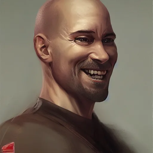 Prompt: a head - on detailed oil portrait of a round - faced bald male martial artist with a friendly smile, by charlie bowater, lise deharme, wlop, trending on artstation, dungeon and dragons art, critical role