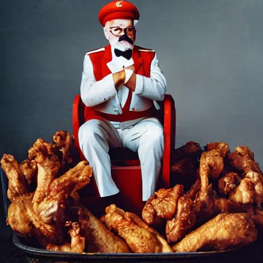 Prompt: Lenin as colonel Sanders on a basket full of chicken wings, labeled USSR, studio photo, by Stephen Meisel, octane renderer, behance