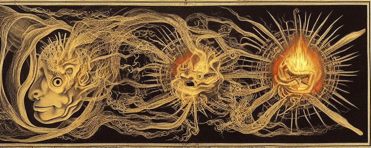 Image similar to a strange fire creature with endearing eyes radiates a unique canto'as above so below'while being ignited by the spirit of haeckel and robert fludd, breakthrough is iminent, glory be to the magic within, in honor of saturn, painted by ronny khalil