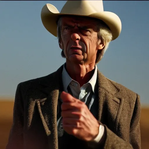 Image similar to Arsene Wenger as a Cowboy, epic quality, sharp focus, western, movie still, 8k, yellow tint, dramatic,