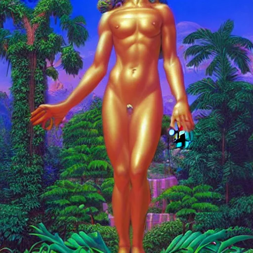 Prompt: vaporwave statue in garden of Eden by Greg Hildebrandt