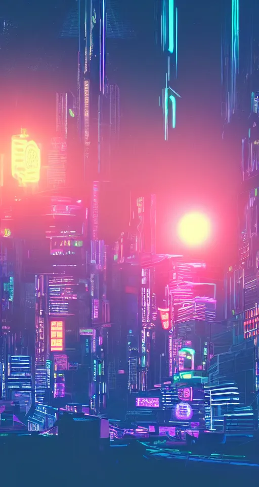 Image similar to cyberpunk city, neon lights, glow, sunset, retrowave style,