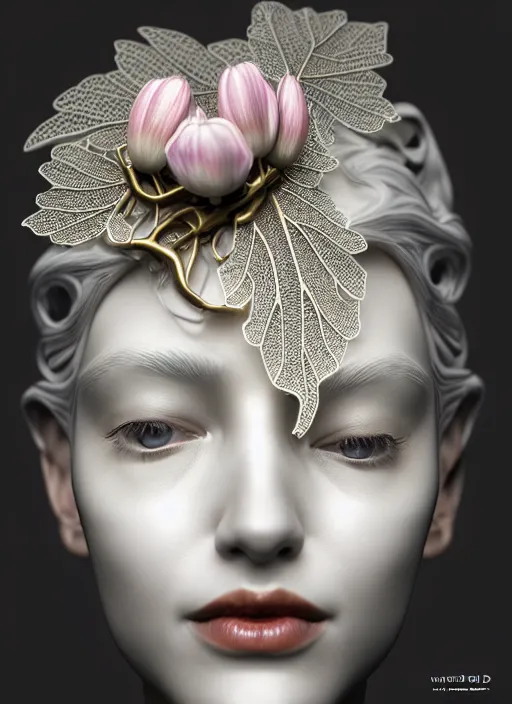 Prompt: complex 3d render ultra detailed of a beautiful porcelain profile woman face, mechanical cyborg, 150 mm, beautiful natural soft light, rim light, studio light, silver gold details, magnolia big leaves and stems, roots, fine foliage lace, mesh wire, intricate details, hyperrealistic, mandelbrot fractal, anatomical, red lips, white metal armor, facial muscles, cable wires, microchip, elegant, Alexander Mcqueen haute couture, octane render, H.R. Giger style, 8k