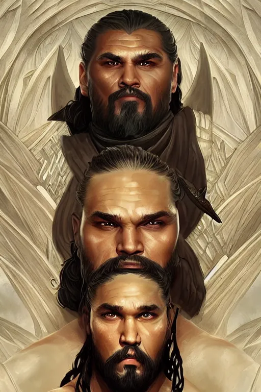 Prompt: beautiful, ethereal khal drogo portrait, intricate art deco dragon designs, elegant, highly detailed burning background, sharp focus, game of thrones art by artgerm and beeple and greg rutkowski and wlop