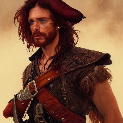 Image similar to portrait of a young pirate, 30 years old, male, ruggedly handsome, masculine, upper body, red hair, long hair, D&D, fantasy, intricate, elegant, highly detailed, cinematic lighting, digital painting, artstation, concept art, cutscene, sharp focus, illustration, art by Artgerm and Greg Rutkowski and Alphonse Mucha