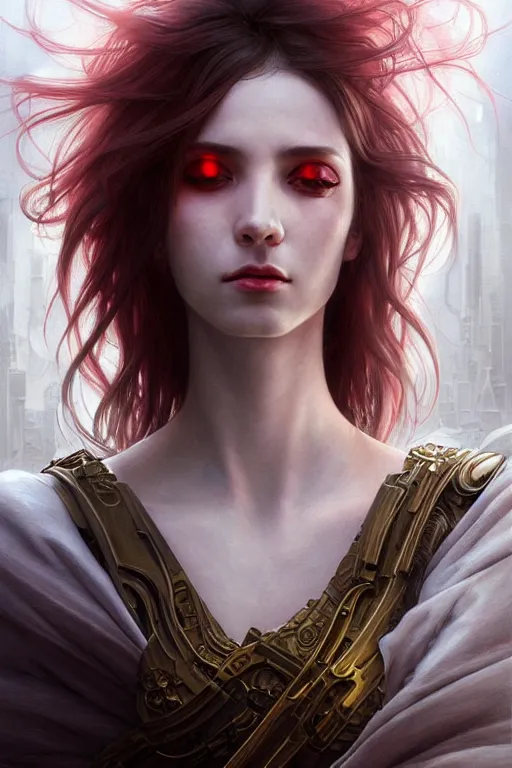 Prompt: portrait of cyberpunk woman, dark fantasy, gradient white red grey, dreamy and ethereal, brown eyes, golden ratio, peaceful expression, ornate frilly dress, fantasy, intricate, elegant, clouds and wind, highly detailed, digital painting, artstation, concept art, smooth, b sharp focus, illustration, art by artgerm and greg rutkowski and alphonse mucha