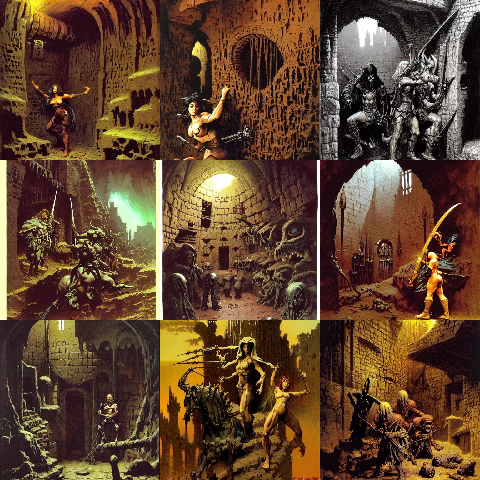 Prompt: dusty cob web filled medieval fantasy dungeon by frank frazetta, ken kelly, simon bisley, richard corben, william - adolphe bouguereau