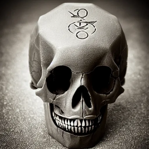 Prompt: d 2 0 merged with a demon skull, realistic photography, high detailed