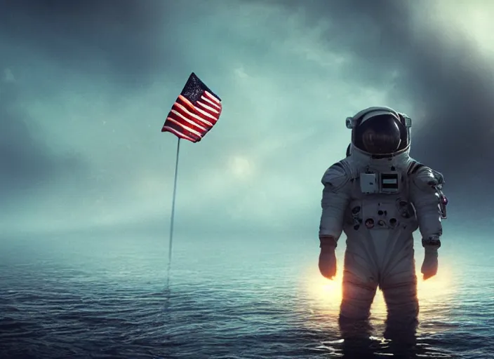 Image similar to astronaut holding a flag in an underwater desert. a submarine is visible in the distance. dark, concept art, cinematic, dramatic, atmospheric, 8 k, trending on artstation, blue, fish, low visibility, fog, ocean floor, christopher nolan, interstellar