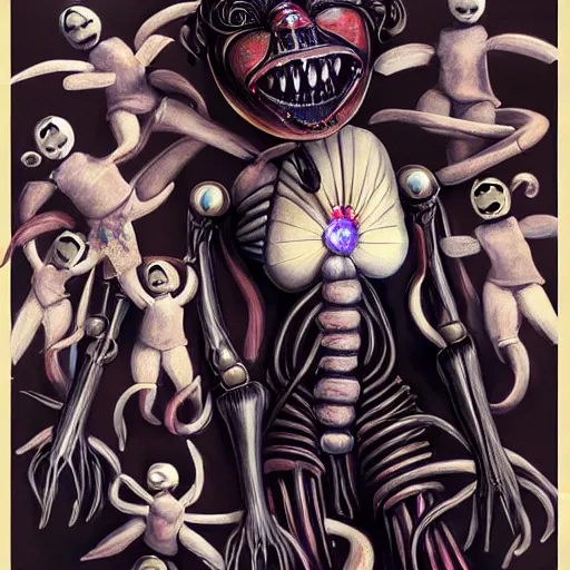 Image similar to beautiful painting of the evil porcelain old puppeteer surrounded by toy ballerinas in the style of Welder Wings and H. R. Giger. Dark background, detailed, trending on Artstation