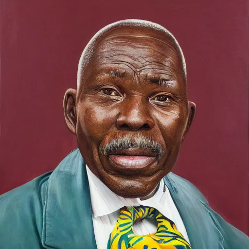 Image similar to a painting of a round face, XXL, happy, Loving, caring, generous, ever-present, humble, wise elder from Kenya in a suit by Kehinde Wiley . Fatherly/daddy, focused, loving, leader, relaxed,. ethereal lights, details, smooth, sharp focus, illustration, realistic, cinematic, artstation, award winning, rgb , unreal engine, octane render, cinematic light, macro, depth of field, blur, red light and clouds from the back, highly detailed epic cinematic concept art CG render made in Maya, Blender and Photoshop, octane render, excellent composition, dynamic dramatic cinematic lighting, aesthetic, very inspirational, arthouse.