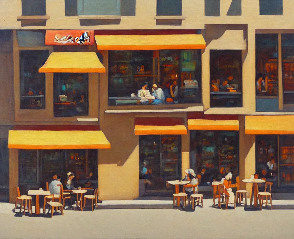 Image similar to a serene painting of a street - side coffee shop