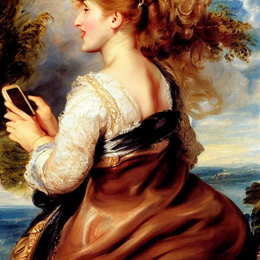 Image similar to heavenly summer sharp land sphere scallop well dressed lady taking a selfie with her cellphone auslese, by peter paul rubens and eugene delacroix and karol bak, hyperrealism, digital illustration, fauvist, cellphone